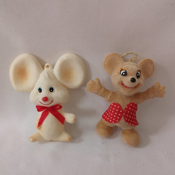 Adorable Set of Two Vintage Flocked Mice Holiday Ornaments - Picture 2 of 3